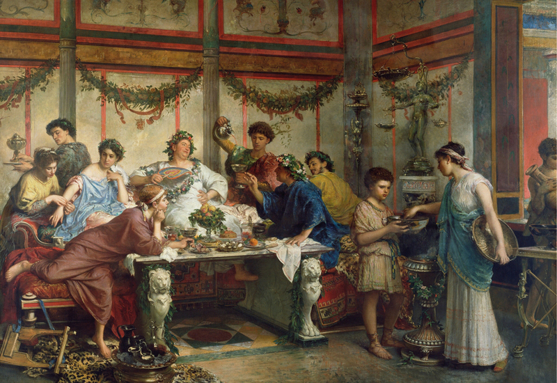 Римский пир, 1875. Художник Роберто Бомпиани детально изобразил древнеримские фрески и мраморный пол; столики, лампы, кресла написаны по примерам греческих, римских и этрусских находок. Музей Гетти. Фото: wikipedia.org